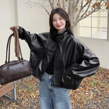 现货加绒秋冬新款宽松皮衣外套6646薄145加绒165K258，女装皮衣，艾青服饰