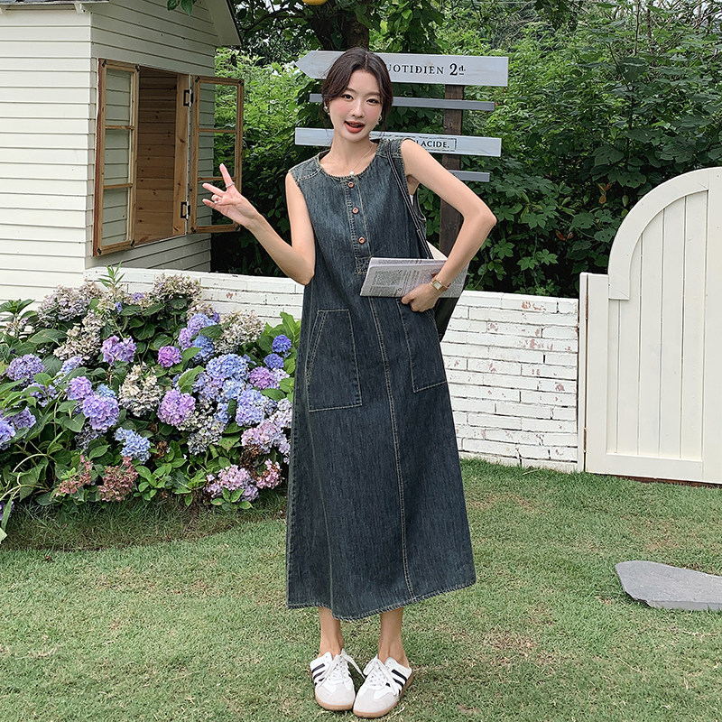 薄款现货牛仔无袖宽松连衣裙1652449P110K168，女装连衣裙，艾青服饰