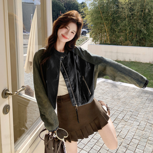 2026新款 现货 韩版牛仔拼接宽松皮衣外套153 5212P170K278，女装皮衣，艾青服饰