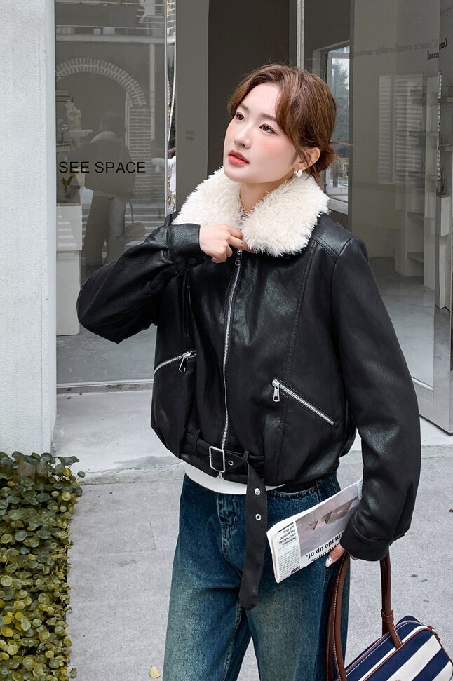 新款现货毛领可拆卸PU皮外套加绒保暖棉服潮1536649P175K248,女装皮衣,艾青服饰