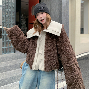 现货 冬装大翻领羊羔毛两面穿棉服棉衣女短外套上衣6655P210K298图片