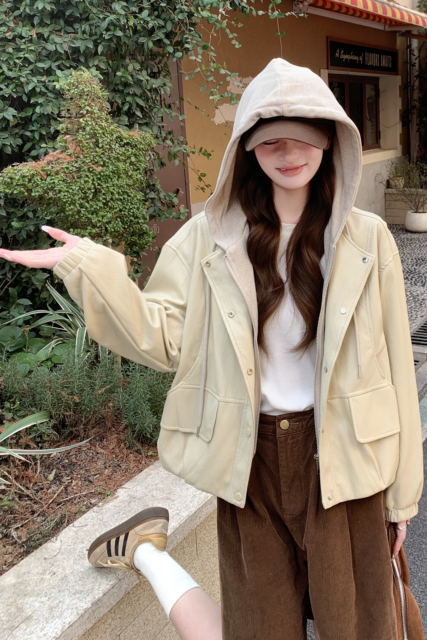 2026新款现货韩版宽松连帽假两件皮衣外套1535217P165K268,女装皮衣,艾青服饰