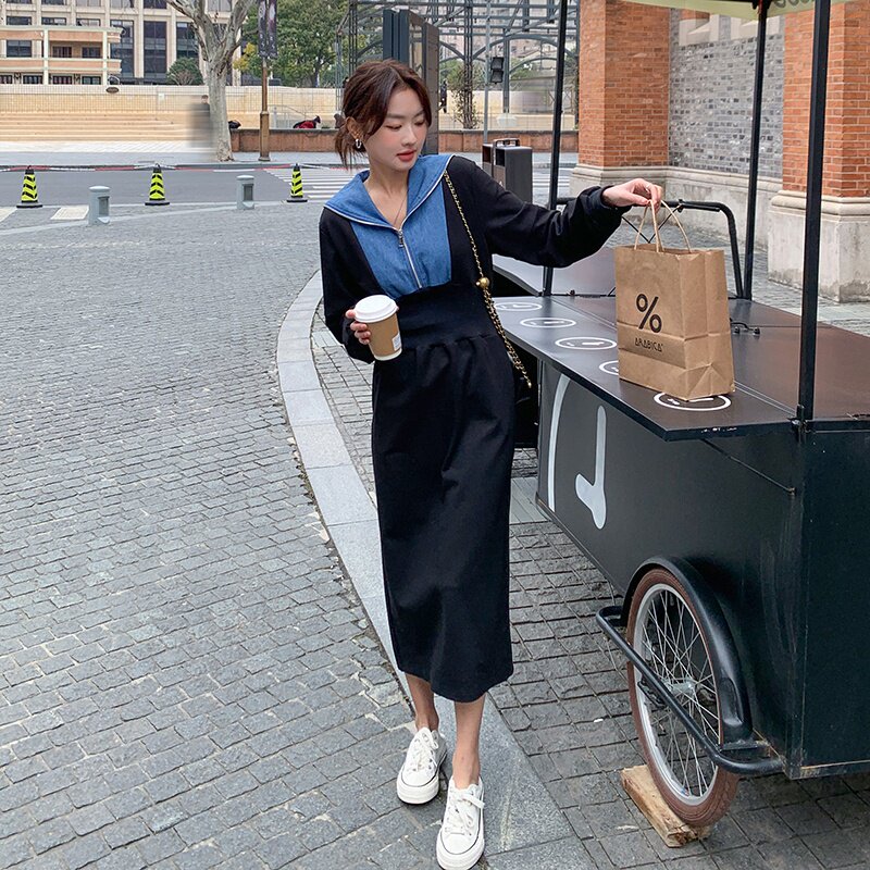 黑色卫衣海军领拼接牛仔连衣裙女2023春季新款学院风宽松百搭长裙图片