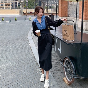 黑色卫衣海军领拼接牛仔连衣裙女2023春季新款学院风宽松百搭长裙图片