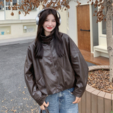 现货加绒秋冬新款宽松皮衣外套6646薄145加绒165K258，女装皮衣，艾青服饰