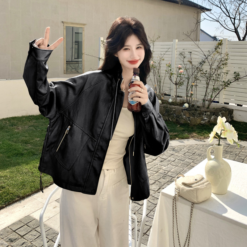 2026新款现货韩版立领抽绳宽松皮衣外套1535218P160K258，女装皮衣，艾青服饰