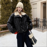 新款现货羊羔毛毛领PU皮外套加绒保暖棉服潮1536642P165K238，女装皮衣，艾青服饰