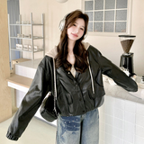 2026新款现货韩版宽松连帽假两件皮衣外套1535217P165K268，女装皮衣，艾青服饰