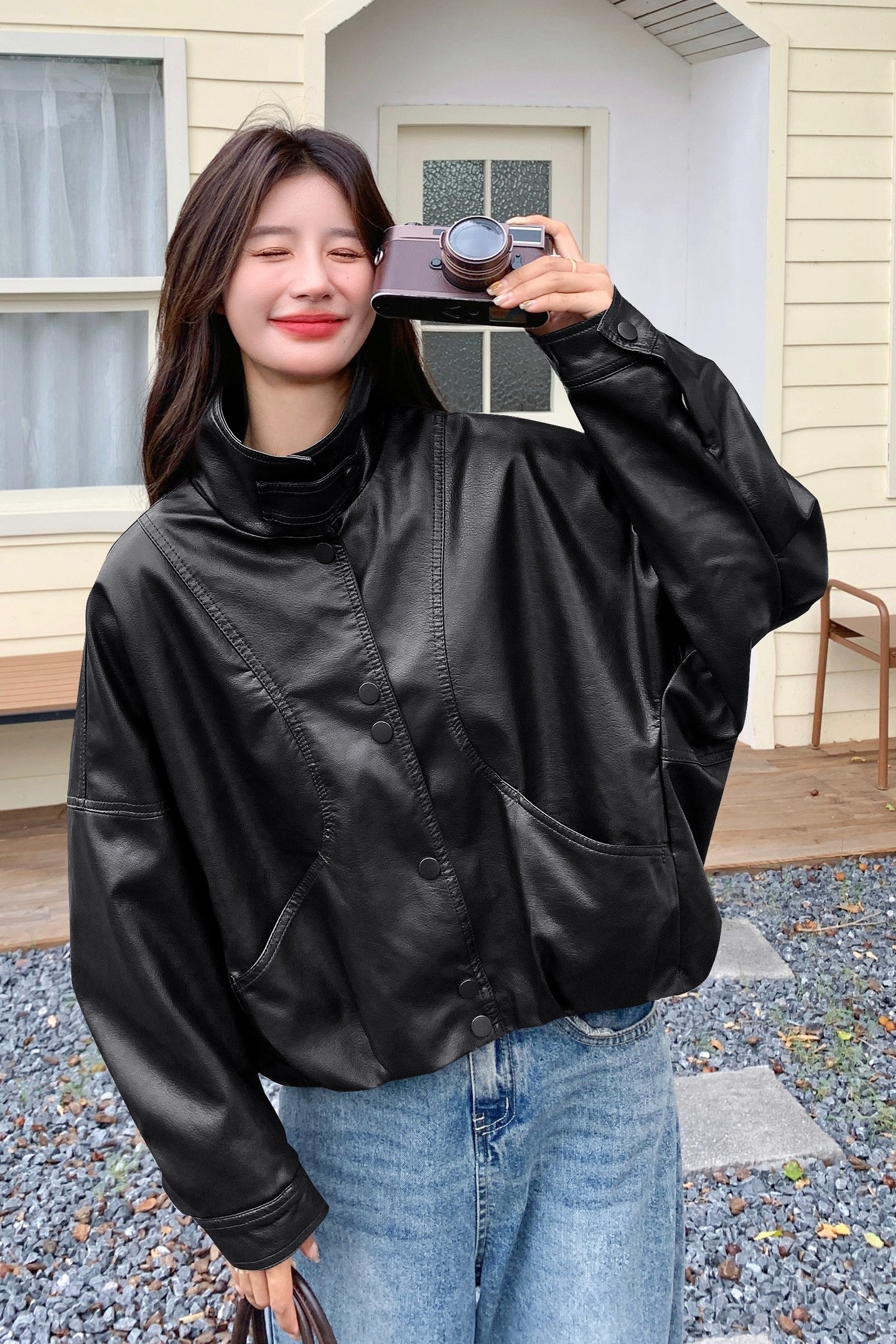现货加绒秋冬新款宽松皮衣外套1536646薄145K198绒165K238,女装皮衣,艾青服饰