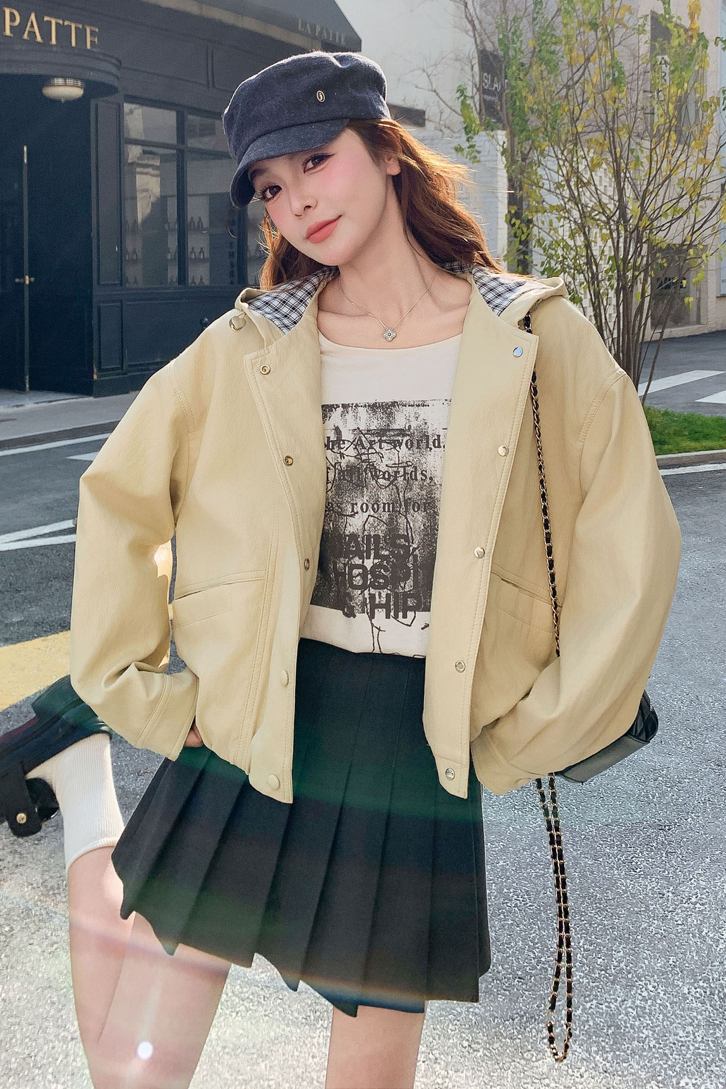 2026新款现货韩版格纹连帽拼接皮衣外套1535202P155K248,女装皮衣,艾青服饰