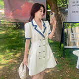 现货淑女双排扣短袖高腰气质轻奢西装领撞色连衣裙2966P125控178，女装连衣裙，艾青服饰