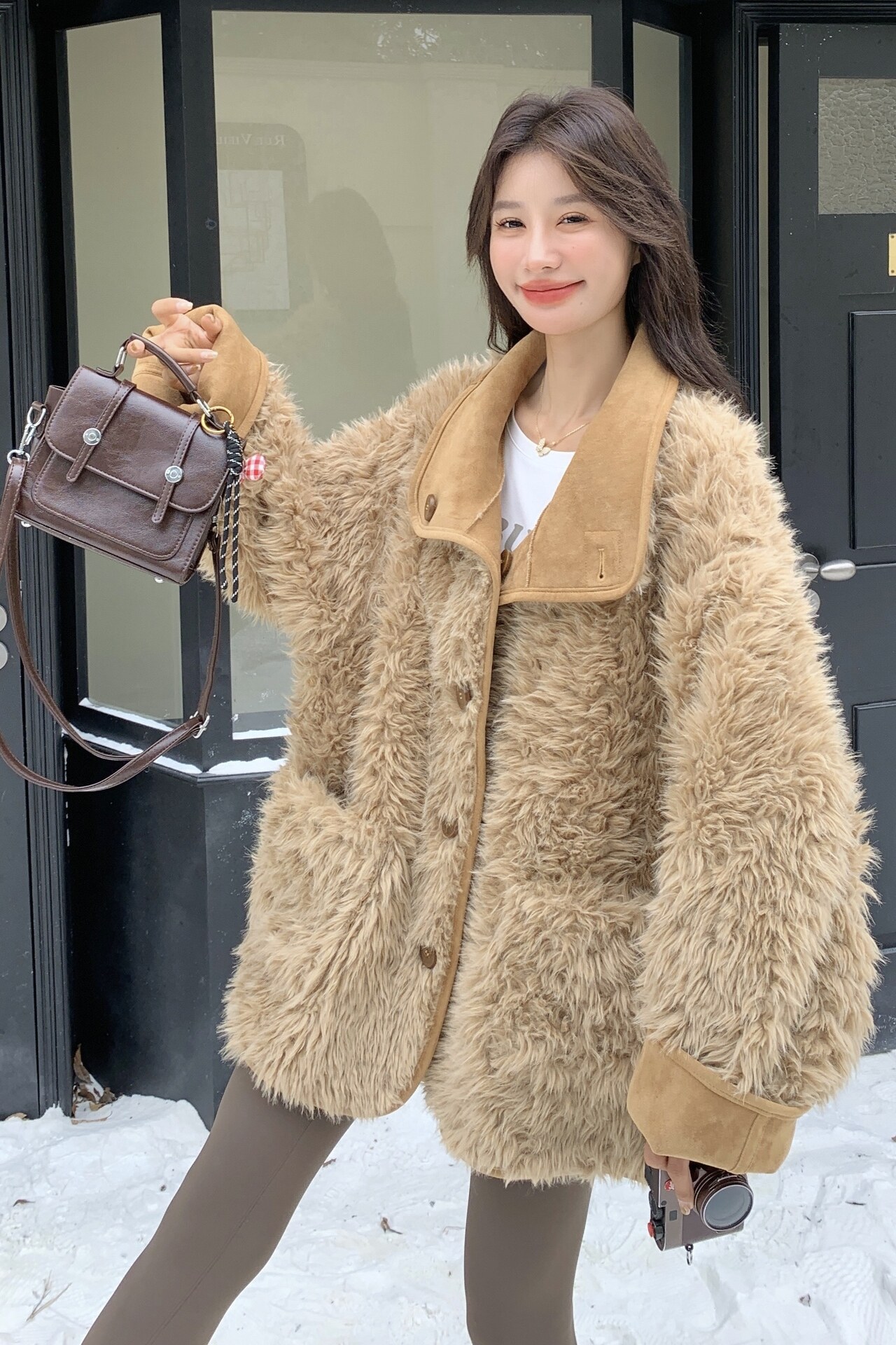 两穿皮毛一体羊羔毛机车服秋冬麂皮毛毛外套女1536645P205K328,女装短外套,艾青服饰