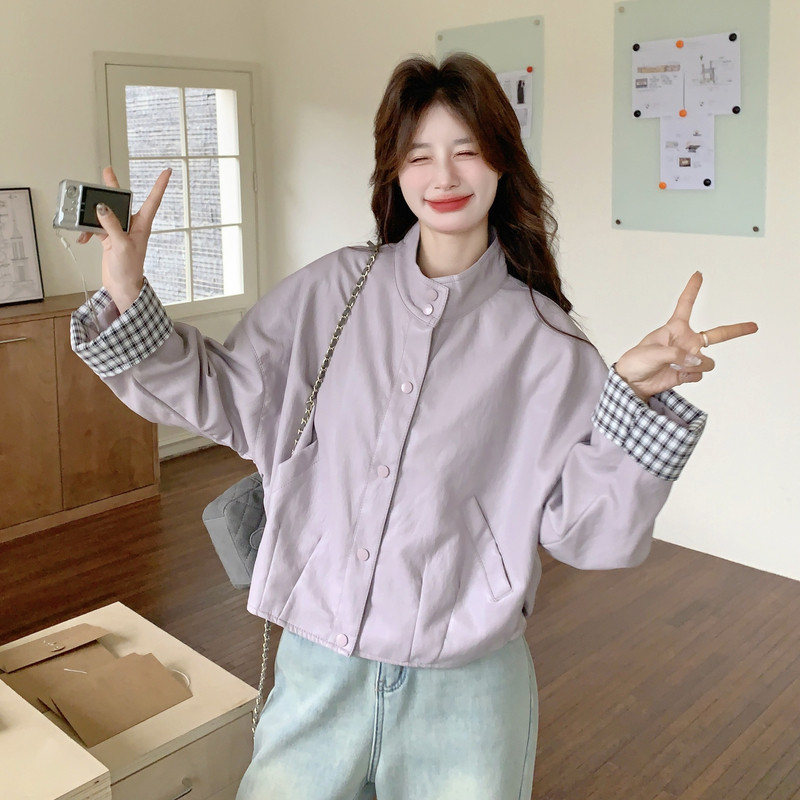 2026新款现货立领格纹拼接皮衣外套1535205P155K248，女装皮衣，艾青服饰