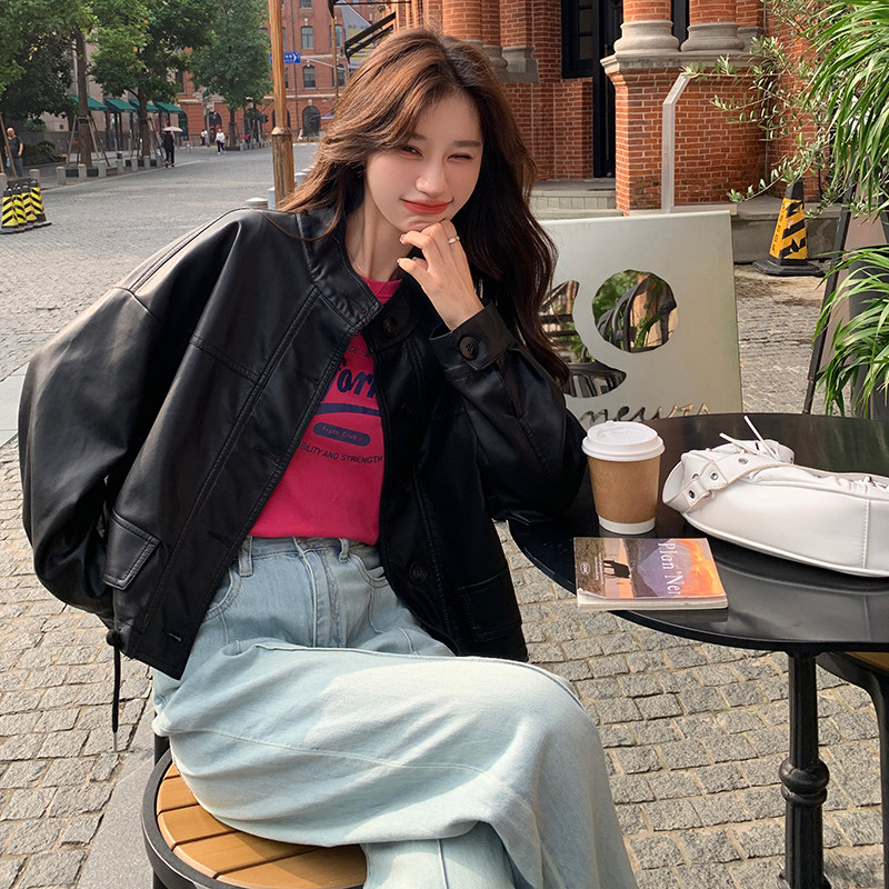 美拉德复古棕色pu皮衣外套女春秋2025新款小个子高级感机车皮夹克,女装皮衣,艾青服饰