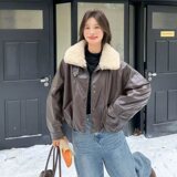 现货加绒毛领可拆卸冬新款宽松皮衣外套6651P175K278，女装皮衣，艾青服饰