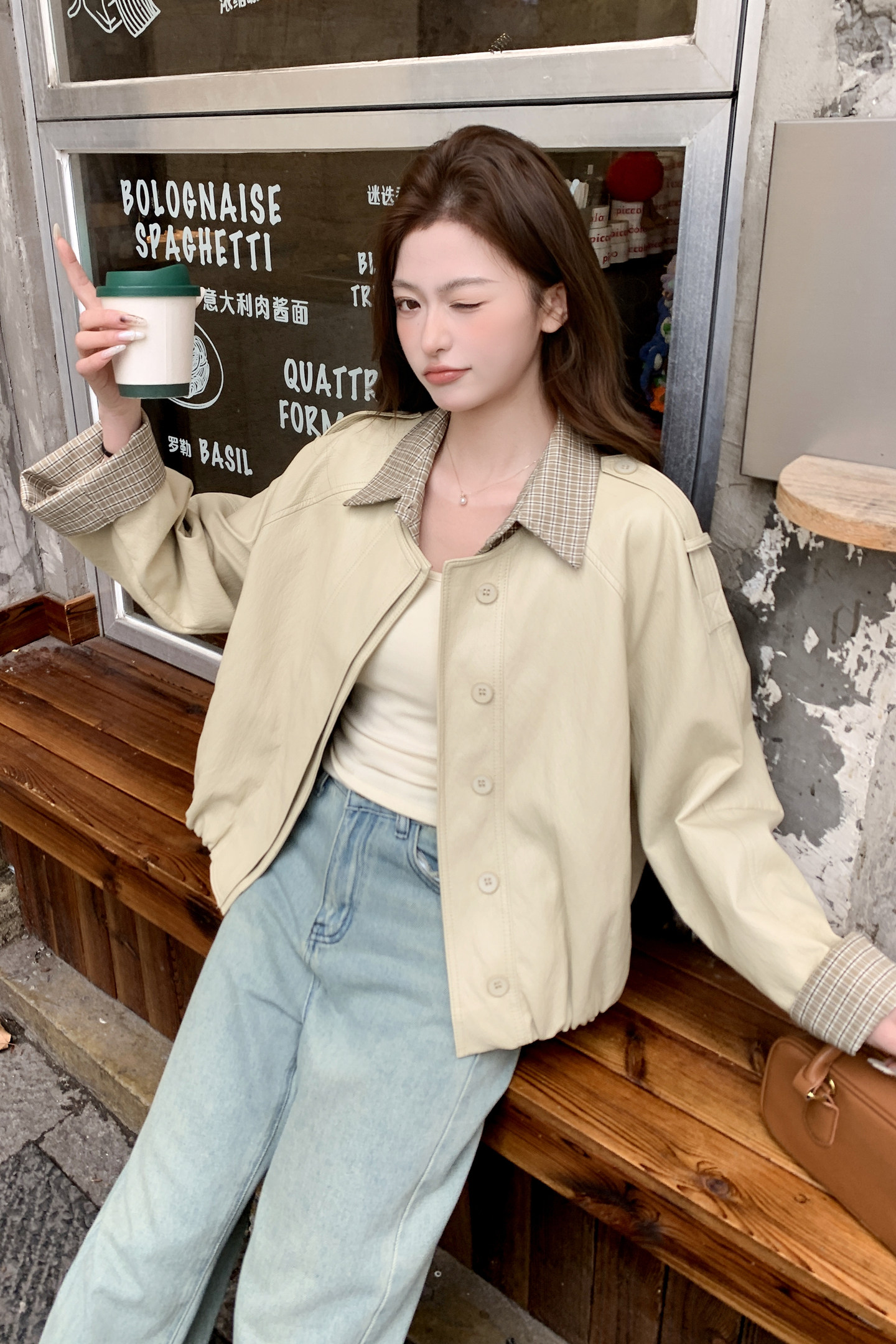 2026新款现货韩版宽松格子假两件皮衣外套1535216P165K268,女装皮衣,艾青服饰