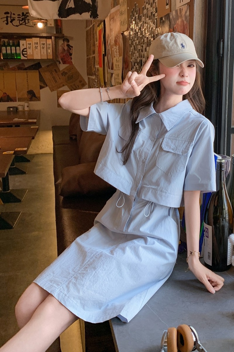 韩版时尚休闲简约气质衬衫裙女2025夏新款工装风小个子百搭连衣裙,女装连衣裙,艾青服饰