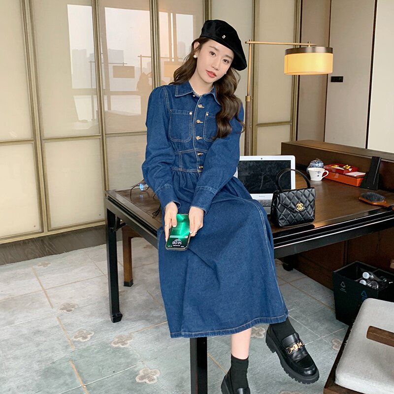 现货气质大摆长款春秋牛仔连衣裙22821P135控198,女装连衣裙,艾青服饰