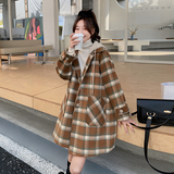 森系针织连帽格子毛呢外套女2023冬季新款韩版高级感撞色呢子大衣，女装毛呢外套，艾青服饰