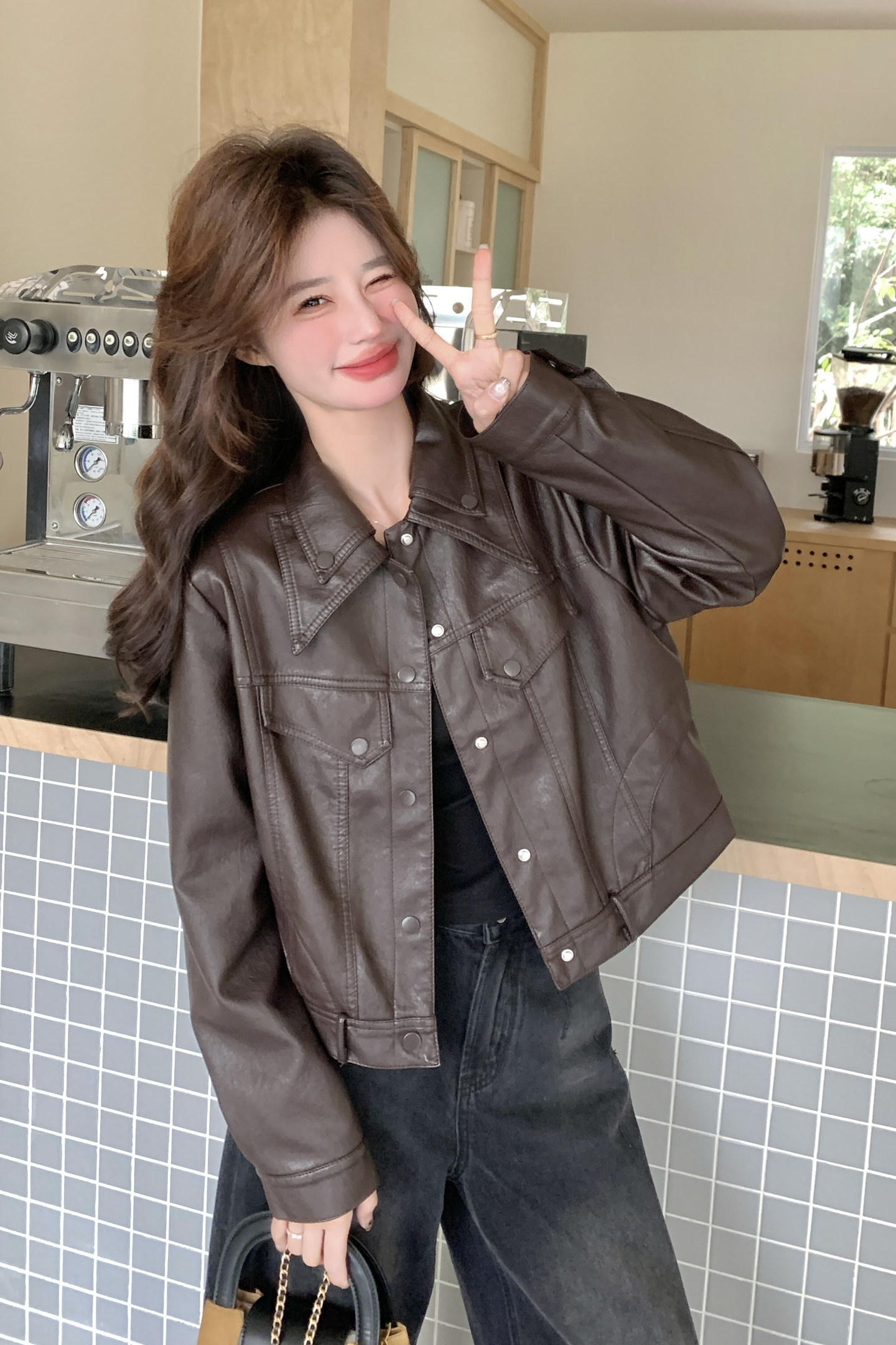 2026新款现货韩版双领皮衣外套1535208P150K248,女装皮衣,艾青服饰