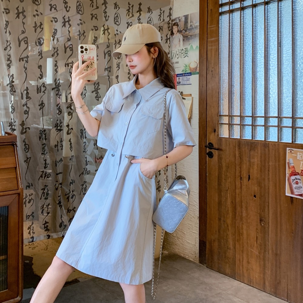 韩版时尚休闲简约气质衬衫裙女2025夏新款工装风小个子百搭连衣裙,女装连衣裙,艾青服饰
