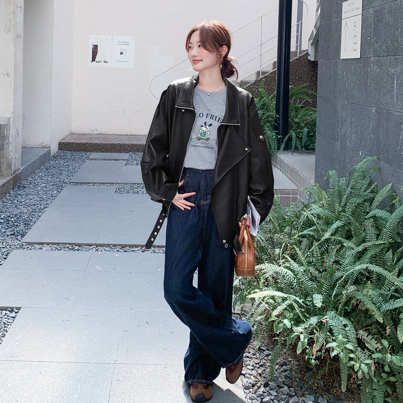 【】现货2026秋新款荔枝纹宽松皮衣外套1536605P175K258,女装皮衣,艾青服饰