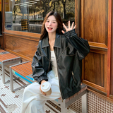 秋季新款现货韩版宽松擦色蝴蝶结皮衣外套1532468P155K218，女装皮衣，艾青服饰