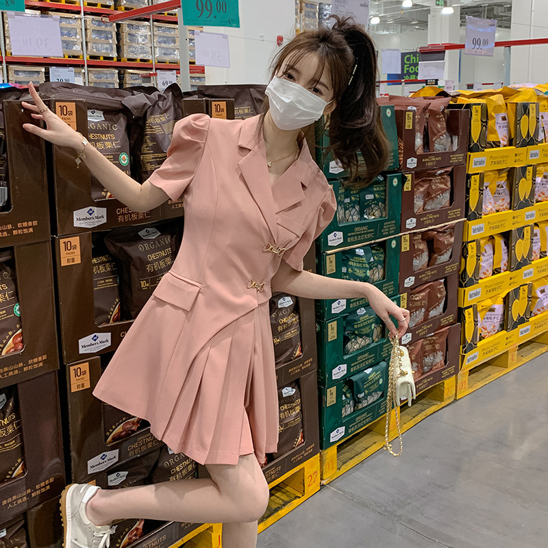 现货法式设计感西装连衣裙女收腰不规则百褶1652912P120控178，女装连衣裙，艾青服饰