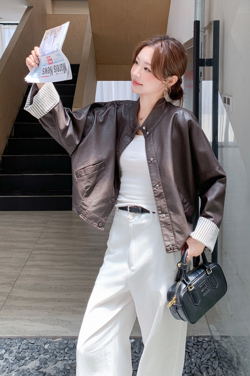 美式棕色短款机车服外套女春秋2025超火好看高级小众皮衣夹克上衣,女装皮衣,艾青服饰