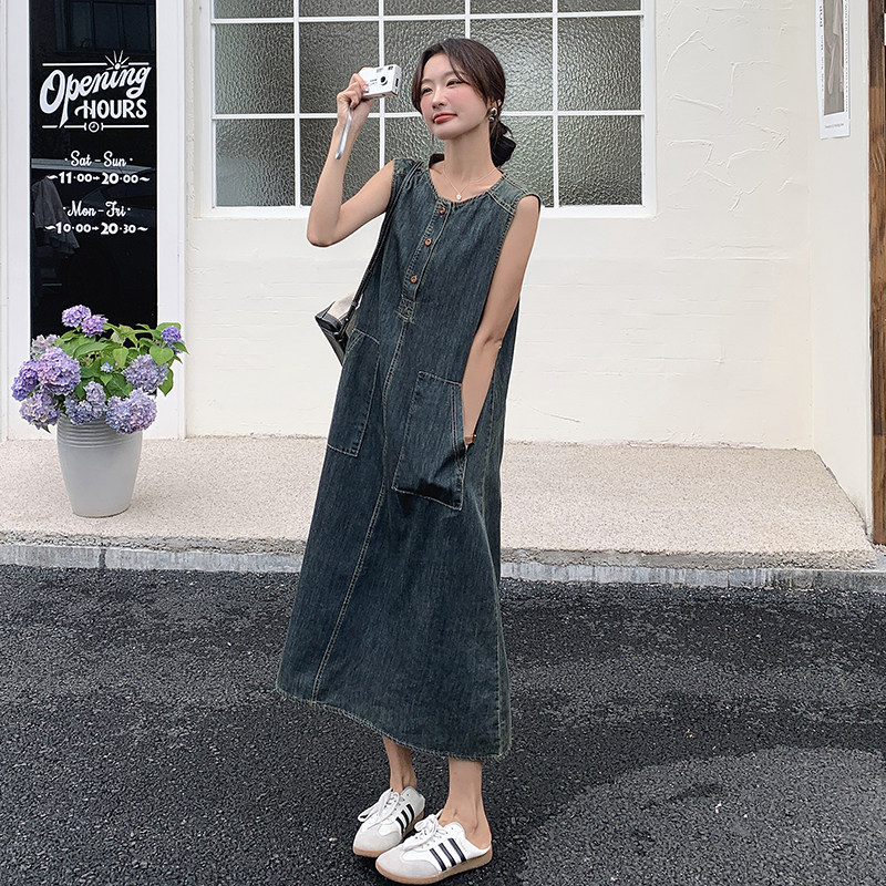 薄款现货牛仔无袖宽松连衣裙1652449P110K168,女装连衣裙,艾青服饰