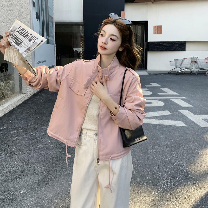 2026新款现货韩版抽绳立领皮衣外套1535211P150K248,女装皮衣,艾青服饰