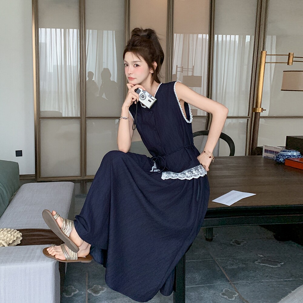 夏季新款现货蕾丝拼接无袖收腰两件套天丝套装1652622P155K218,女装套装/套裙,艾青服饰
