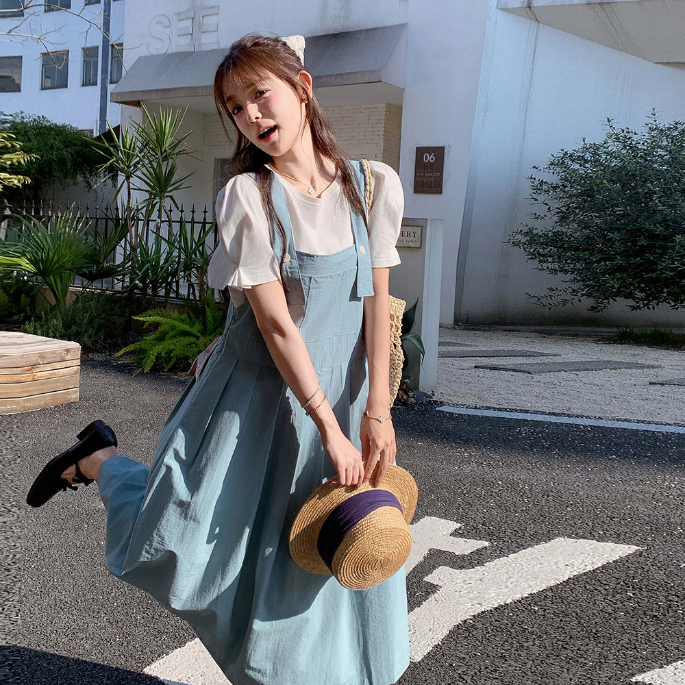 夏季新款现货蓝色甜美百褶背带裙1652620P125K188，女装连衣裙，艾青服饰