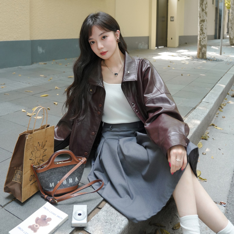 【】现货2025秋新款宽松皮衣外套1536612P145K198,女装皮衣,艾青服饰