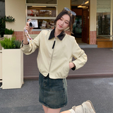 2026新款现货韩版牛仔领拼皮衣外套1535209P150K248，女装皮衣，艾青服饰