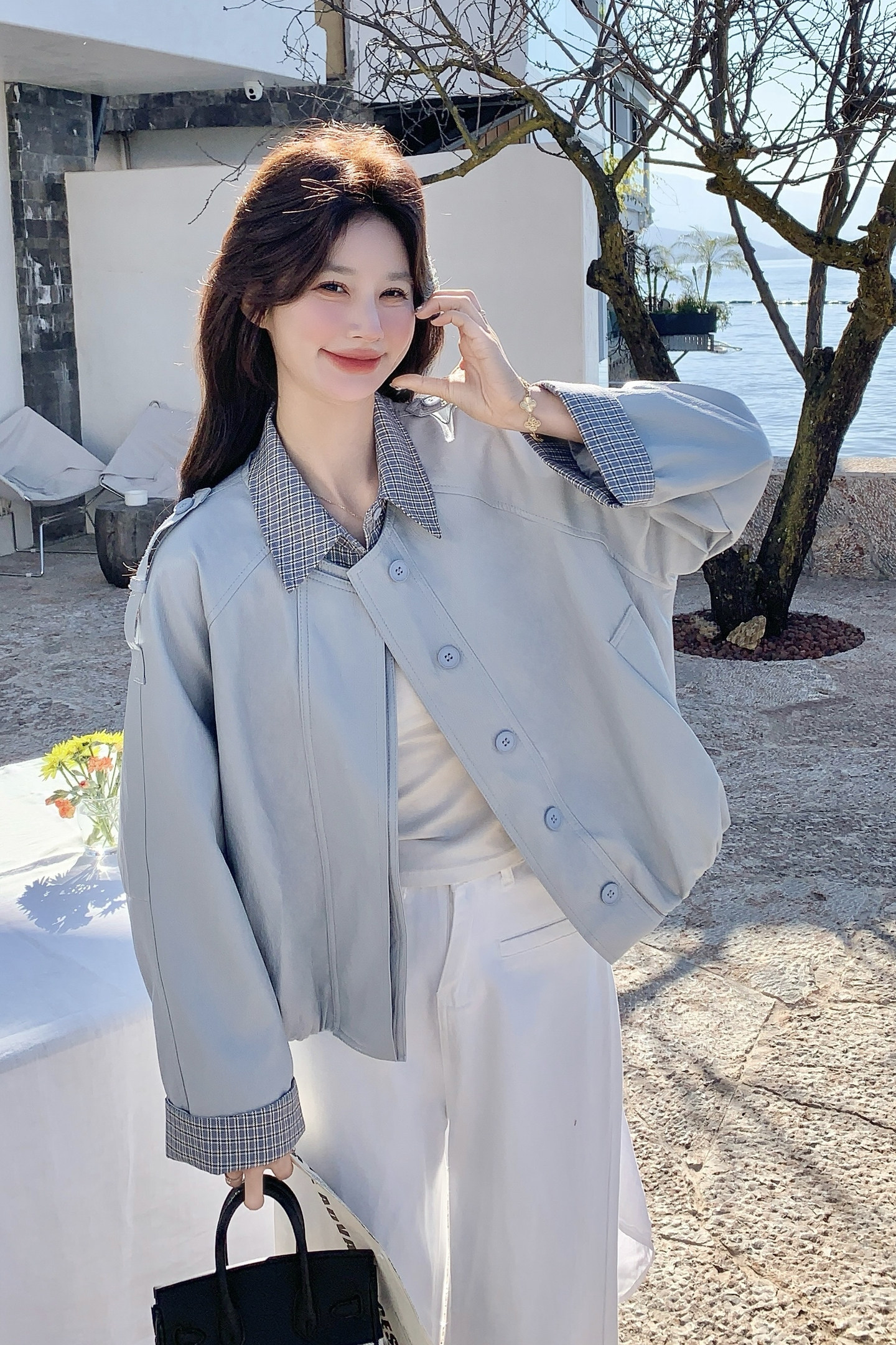 2026新款现货韩版宽松格子假两件皮衣外套1535216P165K268,女装皮衣,艾青服饰