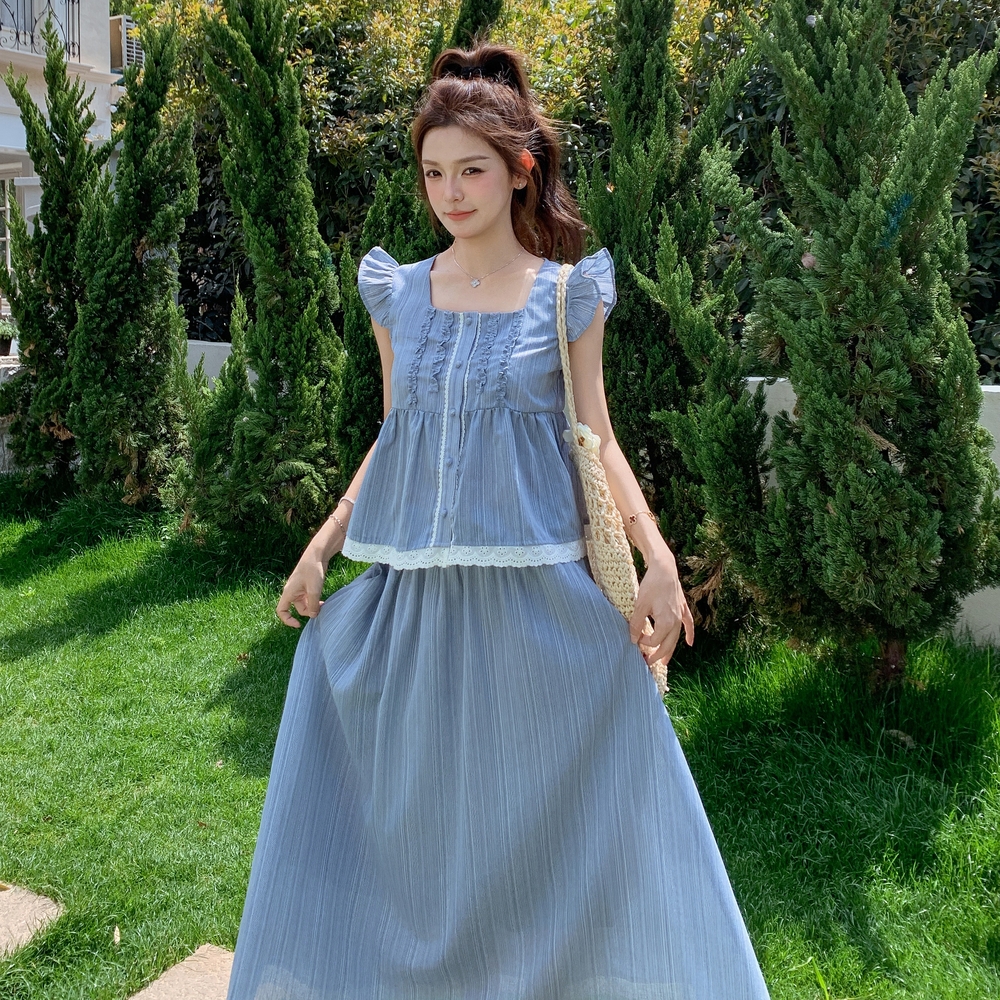 蓝色条纹套装女2025夏季新款小清新方领蕾丝花边上衣半身裙两件套，女装套装/套裙，艾青服饰