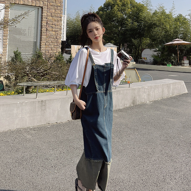 假两件牛仔背带裙女夏2025法式复古轻熟风荷叶边拼接中长款鱼尾裙，女装连衣裙，艾青服饰