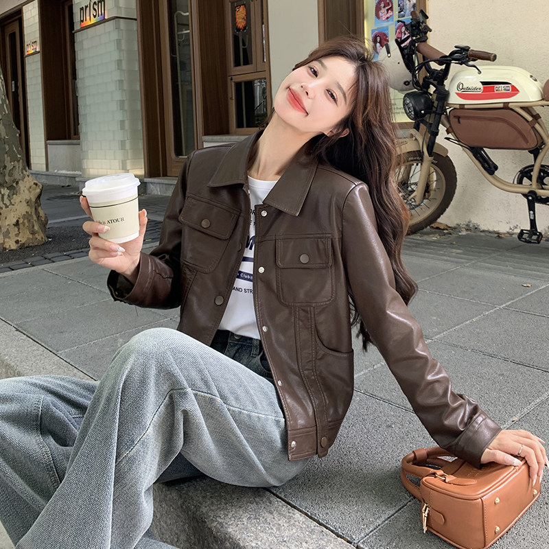 棕色美拉德皮衣外套女春秋2025新款今年流行休闲短pu皮机车夹克,女装皮衣,艾青服饰
