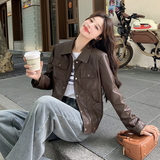 棕色美拉德皮衣外套女春秋2025新款今年流行休闲短pu皮机车夹克，女装皮衣，艾青服饰