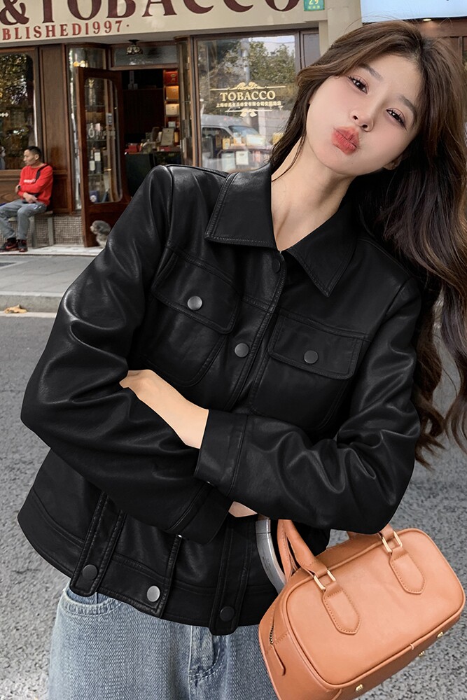 棕色美拉德皮衣外套女春秋2025新款今年流行休闲短pu皮机车夹克,女装皮衣,艾青服饰