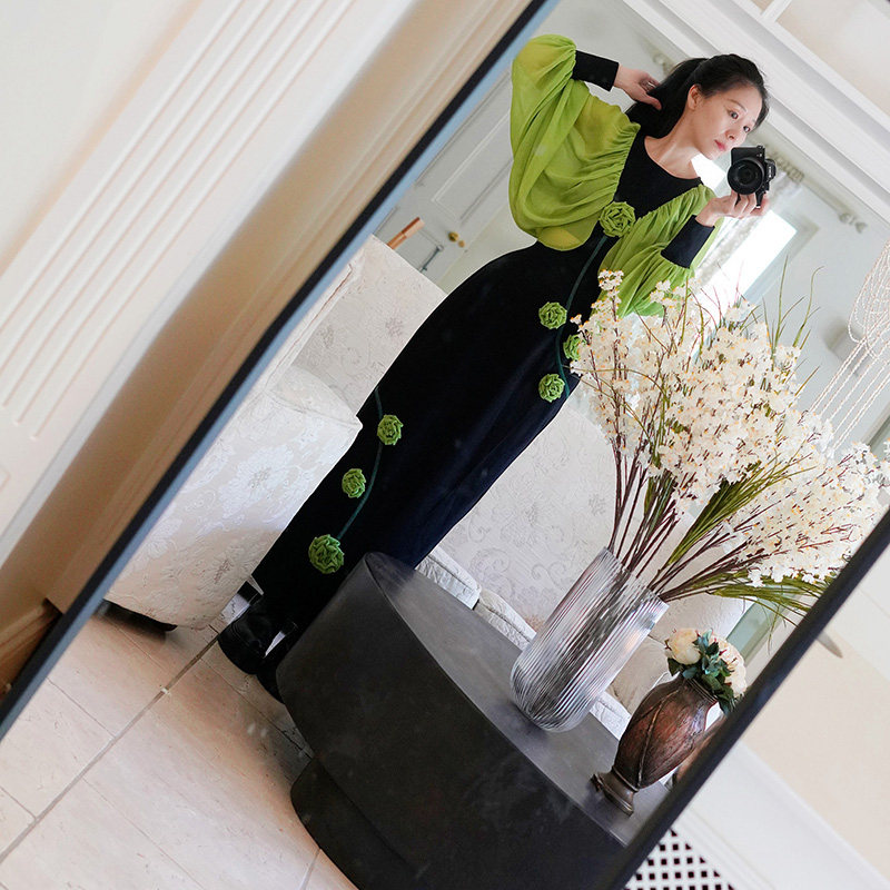 此岸歌声*原创设计店-翡翠绿拼黑手打花日常礼服裙  沉璧