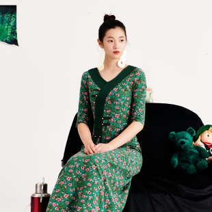 此岸歌声*原创设计店-绿碎花云纹改良旗袍裙  采桑子（特特惠）