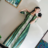 特特惠 此岸歌声 访树 绿纹棉麻小袍子 原创设计店