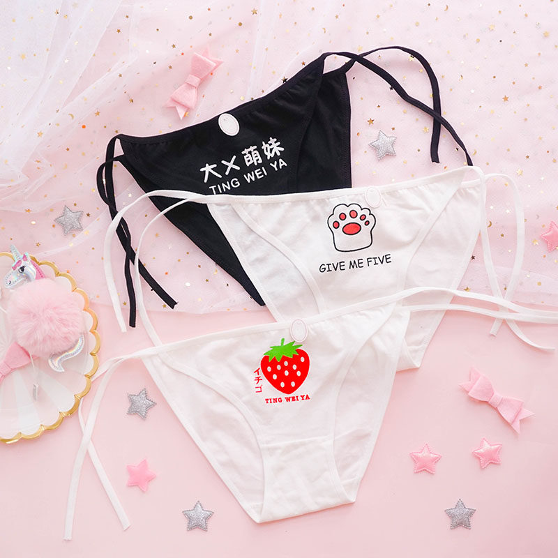 日系绑带内裤女纯棉二次元性感系带内裤动漫草莓图案文字萝莉胖次
