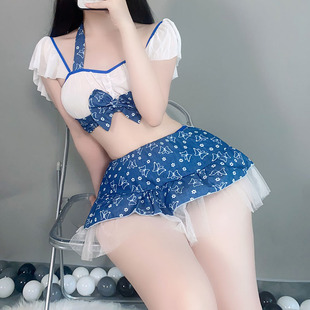茶小啾蓝白分体蝴蝶结女佣套装挂脖印花女仆制服纯欲cos性感内衣