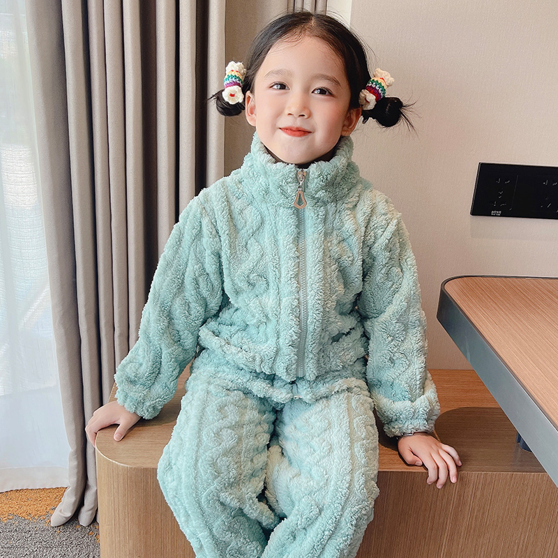 三层夹棉儿童睡衣法兰绒春秋冬季加厚女童家居服男童小孩加绒宝宝