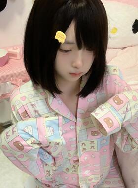 Ruibbit原创小熊格子印花睡衣短袖套装家居服女满印粉色可爱