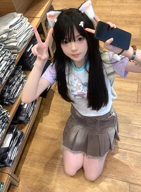 Ruibbit原创海底世界印花短袖t恤上衣女插肩袖紫色亚文化y2k辣妹