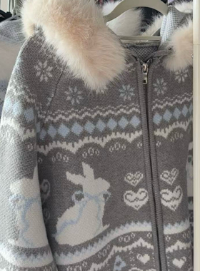 Ruibbit原创雪兔毛衣费尔岛连帽外套牛角扣日系长袖女秋冬毛绒领